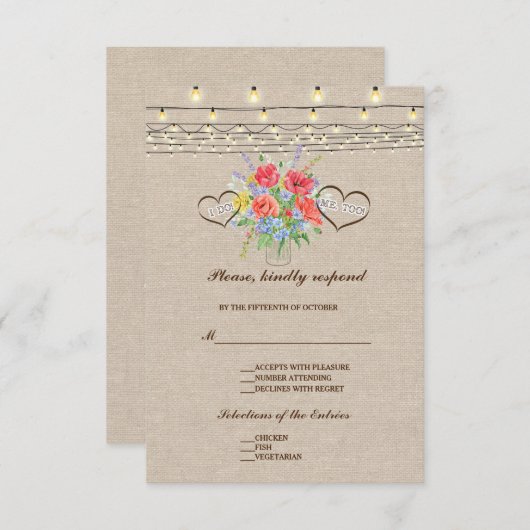 ワイルドフラワー素朴ズバーラップウェディングRSVP 出欠カード (正面/裏面)