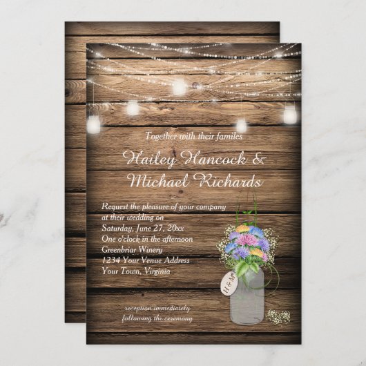 ワイルドフラワー素朴ズブーケメイソンジャー結婚ズ | 招待状 (正面/裏面)