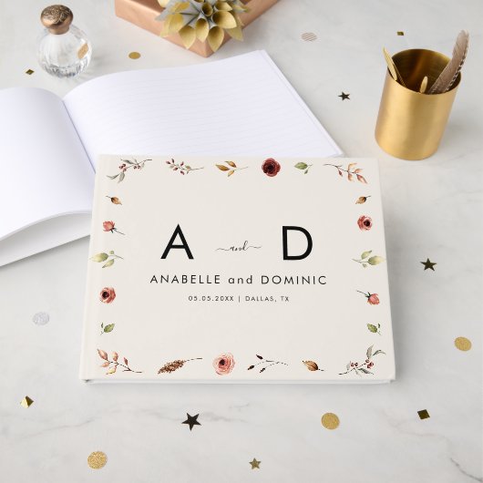 ワイルドフラワー素朴ズモノグラムエレガント秋の結婚式 ゲストブック (正面見開き)