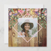 ワイルドフラワー素朴ズ写真ブライダルシャワーウッドインバート 招待状 (正面)