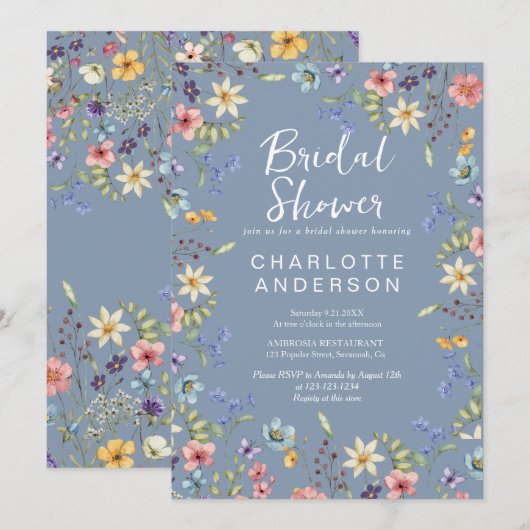 ワイルドフラワー素朴ダスティブルーブライダルシャワー 招待状 (正面/裏面)