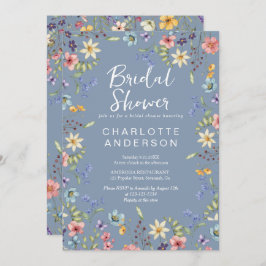ワイルドフラワー素朴ダスティブルーブライダルシャワー 招待状