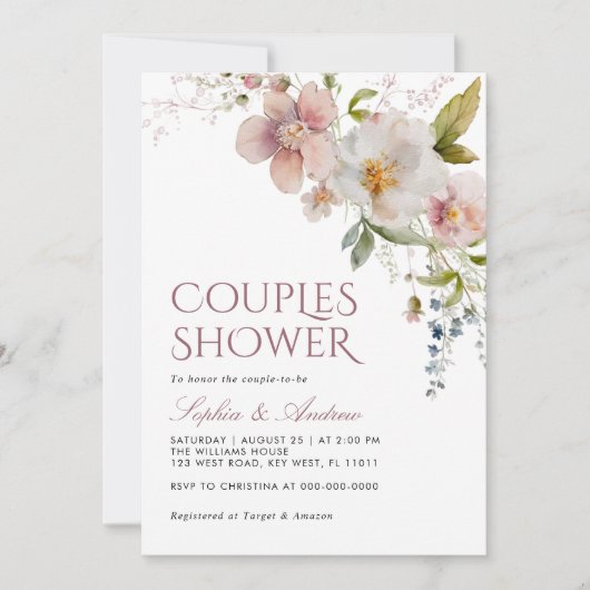 ワイルドフラワー素朴ツカップルのシャワー招待状 招待状 (正面)