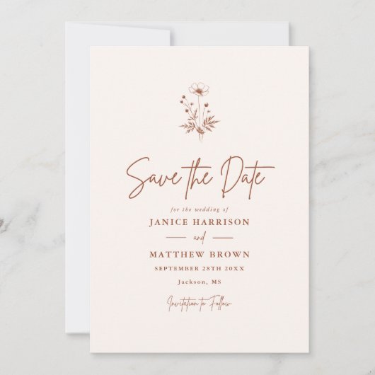 ワイルドフラワー素朴テラコッタボホ結婚ズ セーブザデート (正面)