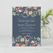 ワイルドフラワー素朴ネイビーブルー結婚のQRコード 招待状 (スタンド正面)