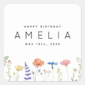 ワイルドフラワー素朴ハッピーバースデー名 スクエアシール (正面)