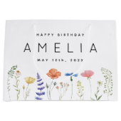ワイルドフラワー素朴ハッピーバースデー名 ラージペーパーバッグ (正面)