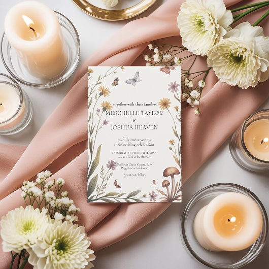 ワイルドフラワー素朴バタフライとマ結婚ッシュルーム 招待状