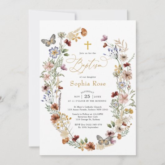 ワイルドフラワー素朴バタフライガーデンバプテスマ 招待状 (正面)
