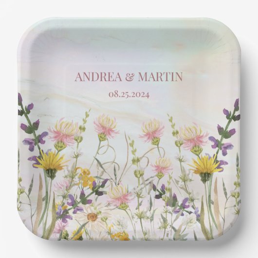 ワイルドフラワー素朴パステル庭園の結婚式 ペーパープレート (正面)