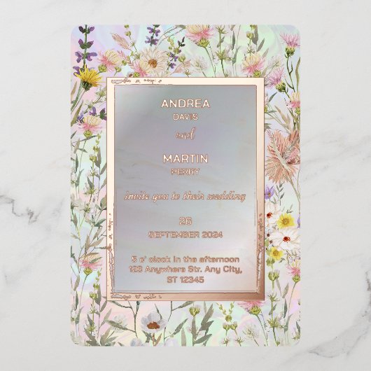 ワイルドフラワー素朴パステル庭園の結婚式 箔招待状 (正面)
