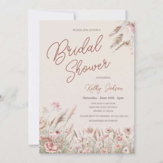 ワイルドフラワー素朴パンパスグラスブライダルシャワー 招待状 (正面)