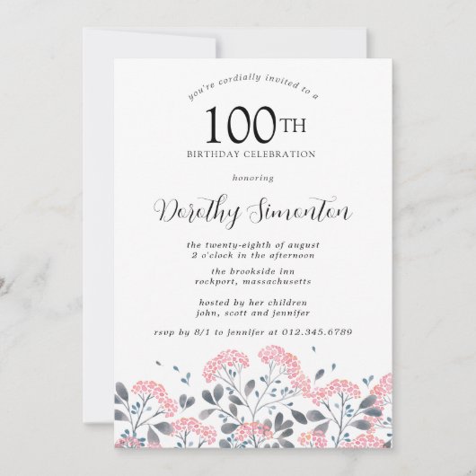 ワイルドフラワー素朴ピンクフローラ100th誕生日パーティー 招待状 (正面)