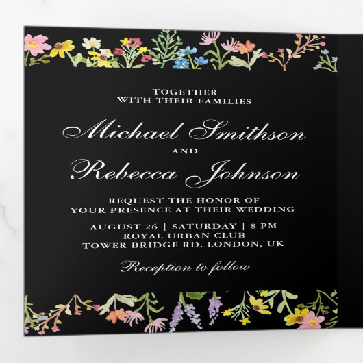ワイルドフラワー素朴フォトコラージュブラック結婚ズ 三つ折り招待状 (内部最初)