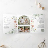 ワイルドフラワー素朴フォトコラージュQRコード結婚s 三つ折り招待状 (内部)