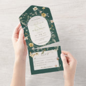 ワイルドフラワー素朴フレームエメラルドグリーンディナー オールインワン招待状 (貼ってはがせる)
