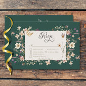 ワイルドフラワー素朴フレームエメラルドグリーン3ディナー 出欠カード