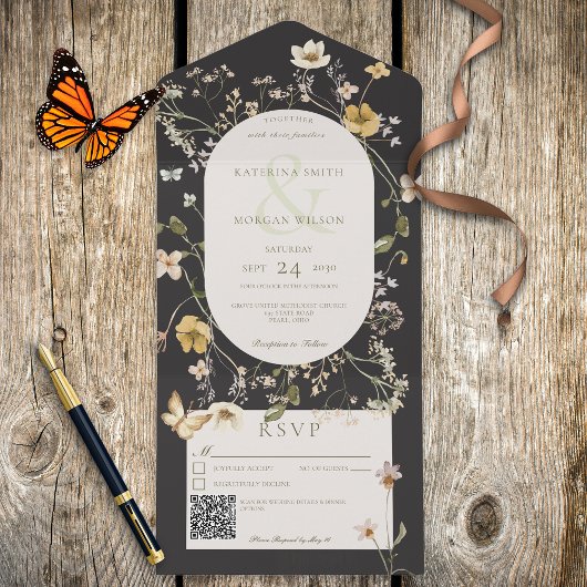 ワイルドフラワー素朴フレームブラックQRコード オールインワン招待状