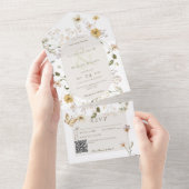 ワイルドフラワー素朴フレームホワイトQRコード オールインワン招待状 (貼ってはがせる)