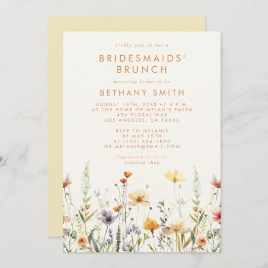 ワイルドフラワー素朴ブリデスメイドのブランチ 招待状 (正面/裏面)