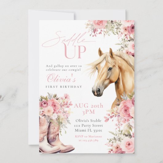 ワイルドフラワー素朴ホースフローラ女性のカーボーイ誕生日 招待状 (正面)