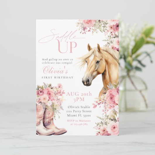 ワイルドフラワー素朴ホースフローラ女性のカーボーイ誕生日 招待状 (スタンド正面)