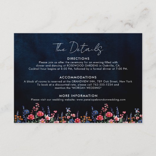 ワイルドフラワー素朴ボホフローラネイビー結婚ズ詳細 エンクロージャーカード (正面)