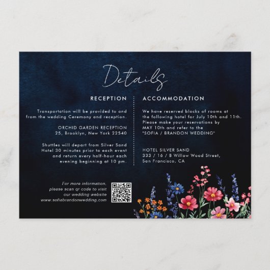 ワイルドフラワー素朴ボホフローラネイビー結婚ズ詳細 エンクロージャーカード (正面)