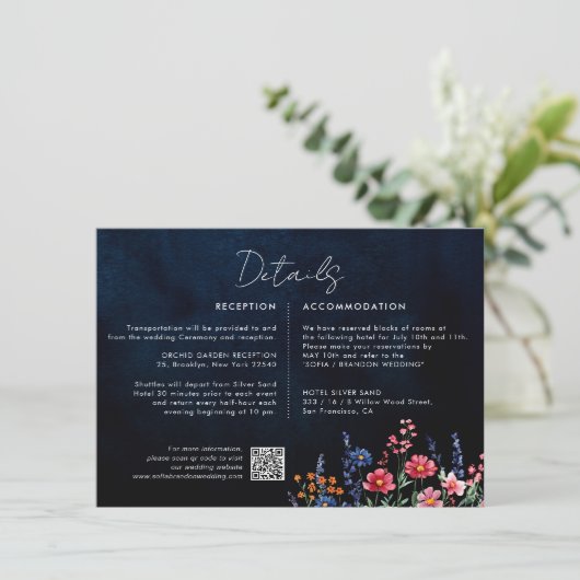 ワイルドフラワー素朴ボホフローラネイビー結婚ズ詳細 エンクロージャーカード (スタンド正面)