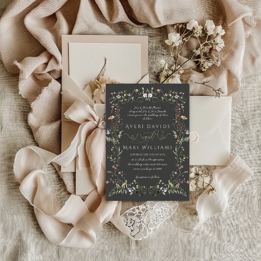 ワイルドフラワー素朴ボホフローラブラック結婚ズ 招待状