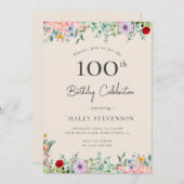 ワイルドフラワー素朴ボホ100番誕生日ベージュシンプル 招待状 (正面/裏面)