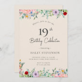 ワイルドフラワー素朴ボホ19誕生日ベージュシンプルー 招待状 (正面/裏面)
