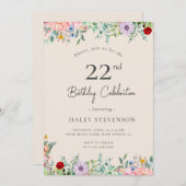ワイルドフラワー素朴ボホ22番誕生日シンプルベージュ 招待状 (正面/裏面)