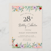 ワイルドフラワー素朴ボホ28誕生日ベージュシンプルホテル 招待状 (正面/裏面)