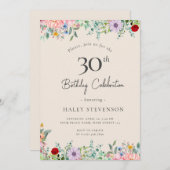 ワイルドフラワー素朴ボホ30thバースデーシンプルベージュ 招待状 (正面/裏面)