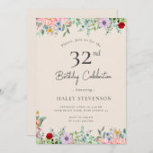 ワイルドフラワー素朴ボホ32番誕生日シンプルベージュ 招待状 (正面/裏面)