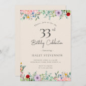 ワイルドフラワー素朴ボホ33番誕生日シンプルベージュ 招待状 (正面/裏面)