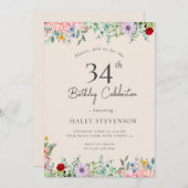 ワイルドフラワー素朴ボホ34th誕生日ベージュシンプルー 招待状 (正面/裏面)