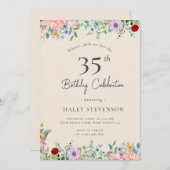 ワイルドフラワー素朴ボホ35番誕生日ベージュシンプル 招待状 (正面/裏面)