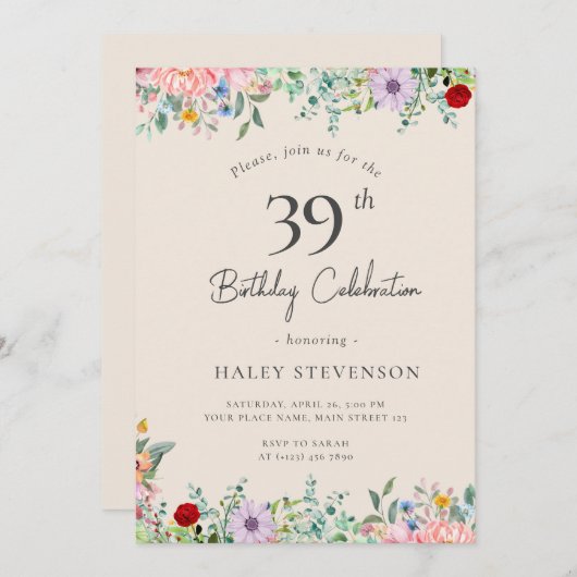ワイルドフラワー素朴ボホ39番誕生日ベージュシンプル 招待状 (正面/裏面)