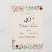 ワイルドフラワー素朴ボホ40thバースデーシンプルベージュ 招待状 (正面/裏面)