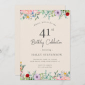 ワイルドフラワー素朴ボホ41番誕生日シンプルベージュ 招待状 (正面/裏面)