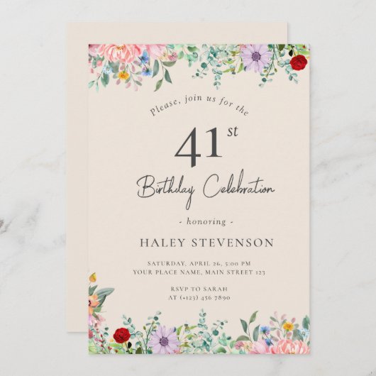 ワイルドフラワー素朴ボホ41番誕生日シンプルベージュ 招待状 (正面/裏面)