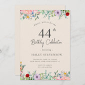 ワイルドフラワー素朴ボホ44th誕生日ベージュシンプル 招待状 (正面/裏面)