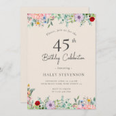 ワイルドフラワー素朴ボホ45番誕生日シンプルベージュ 招待状 (正面/裏面)