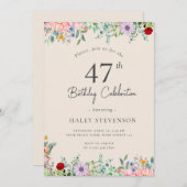 ワイルドフラワー素朴ボホ47th誕生日ベージュシンプルー 招待状 (正面/裏面)