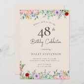 ワイルドフラワー素朴ボホ48番誕生日ベージュシンプル 招待状 (正面/裏面)