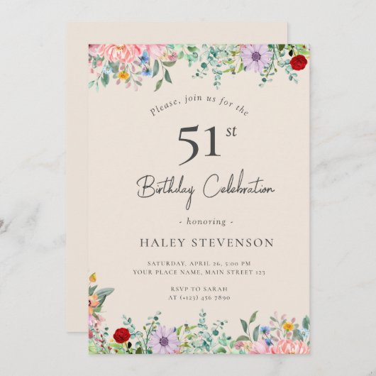 ワイルドフラワー素朴ボホ51番誕生日シンプルベージュ 招待状 (正面/裏面)
