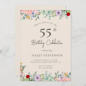 ワイルドフラワー素朴ボホ55番誕生日ベージュシンプル 招待状 (正面/裏面)
