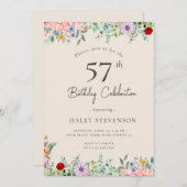 ワイルドフラワー素朴ボホ57th誕生日ベージュシンプルー 招待状 (正面/裏面)